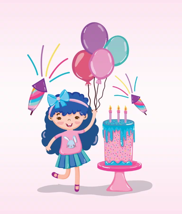 Urodziny grafika dziewczynka obok tortu z balonami